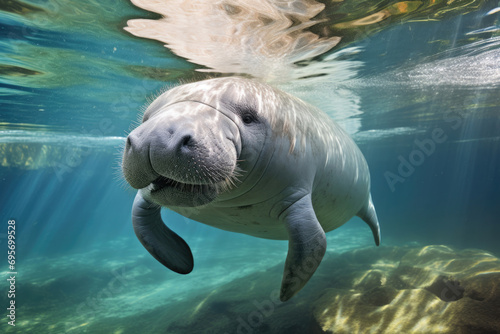Manatee gliding gracefully through the tranquil waters of a lush aquatic haven © Veniamin Kraskov