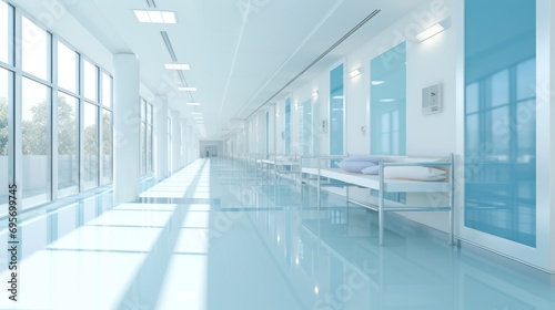 Long hospital bright corridor with rooms and seats  photo
