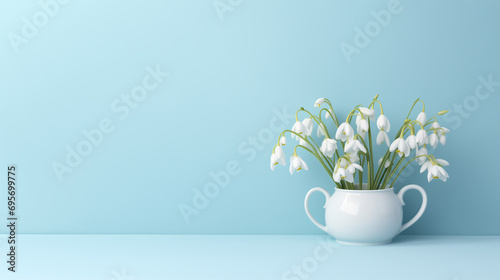 vintage vase with snowdrops on a poor blue background