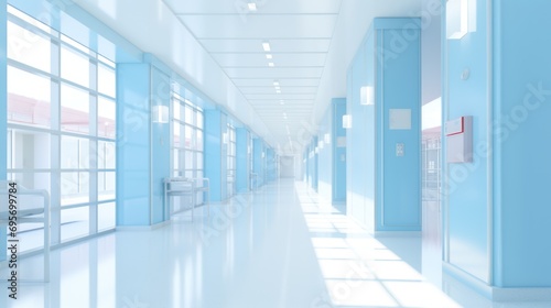  Hospital corridor with rooms. 