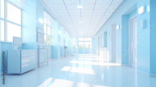  Hospital corridor with rooms. 