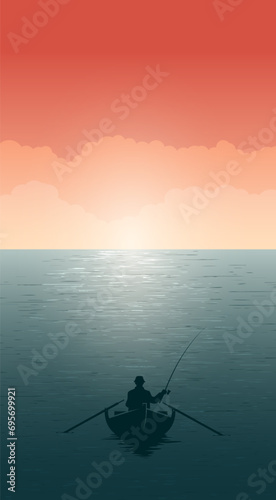 Fisherman on the lake in the morning sun. Vector illustration. Sketch