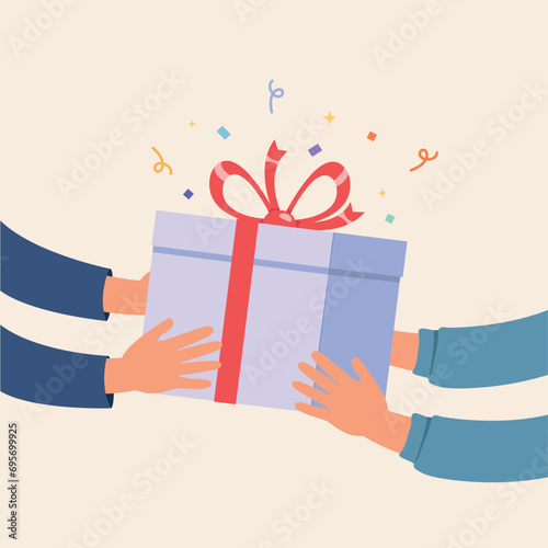 Hand holding a gift, hand giving surprise gift box to people. Hand with present gift box.