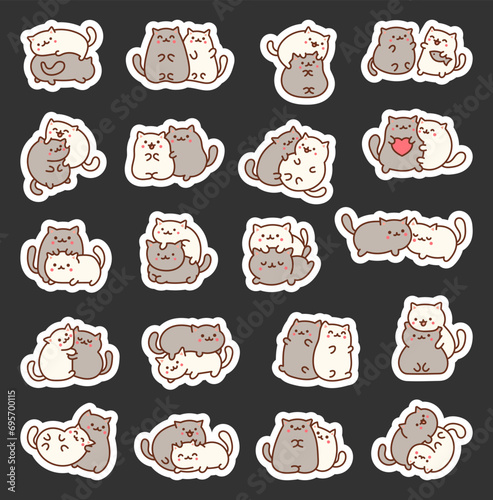 Collection of two lovely little cats. Sticker Bookmark. Cute kawaii twin kittens. Hand drawn style. Vector drawing. Collection of design elements.