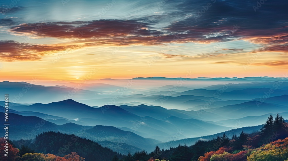 Panoramic View Of Colorful Sunrise In Mountains.Filter