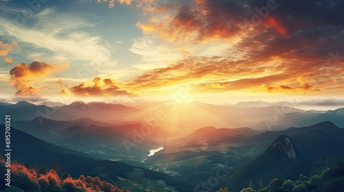 Panoramic View Of Colorful Sunrise In Mountains.Filter © paisorn