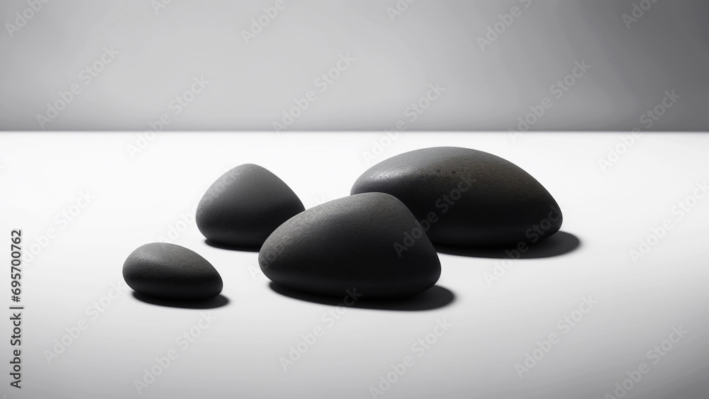 Gray stones lie on a white surface