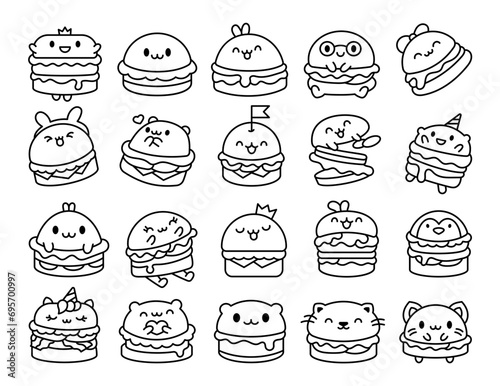Cute kawaii animal burger. Coloring Page. Funny food. Cartoon cheeseburger. Hand drawn style. Vector drawing. Collection of design elements.