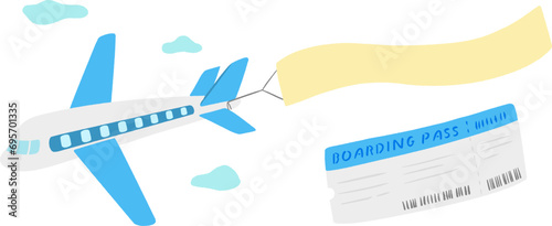 Airplane and banner aerial sign and ticket, cute simple hand drawn illustration / 飛行機とバナー空中看板とチケット、かわいいシンプルな手描きイラスト