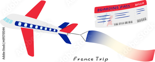 Airplane, aerial signboard and ticket inspired by France, cute simple hand-drawn illustration / フランスをイメージした飛行機と空中看板とチケット、かわいいシンプルな手描きイラスト