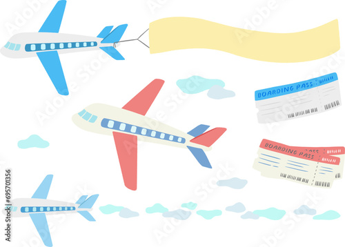 Airplane and banner aerial sign and ticket, cute simple hand drawn illustration set / 飛行機とバナー空中看板とチケット、かわいいシンプルな手描きイラストセット