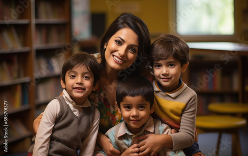 young indian female teacher with little students