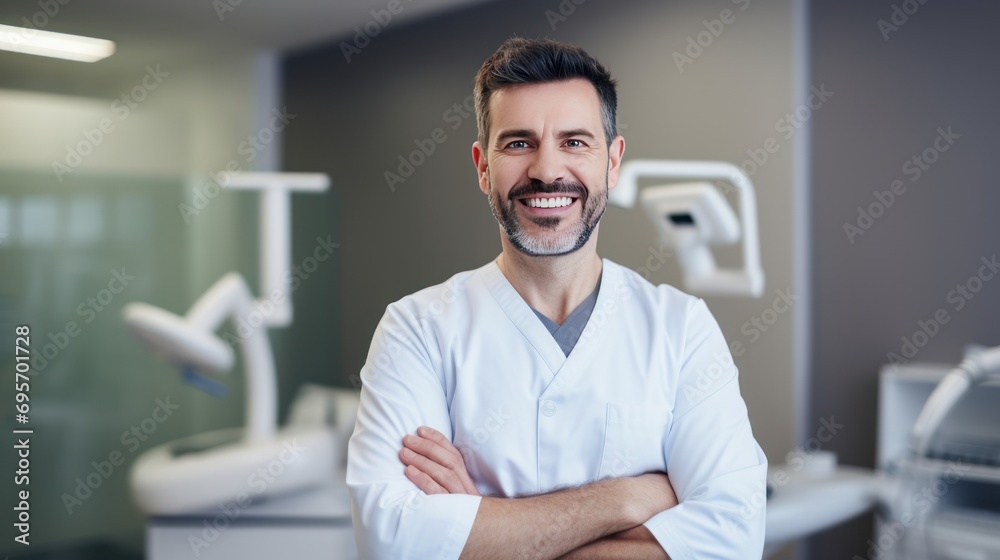 Smiling dentist standing with his arms 