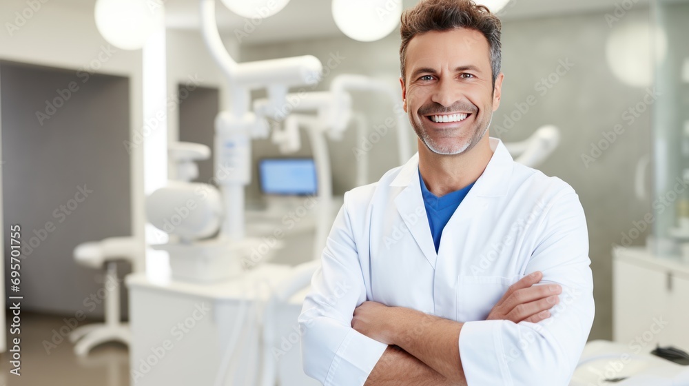 Obraz premium Smiling dentist standing with his arms folded in front of the dentist's office