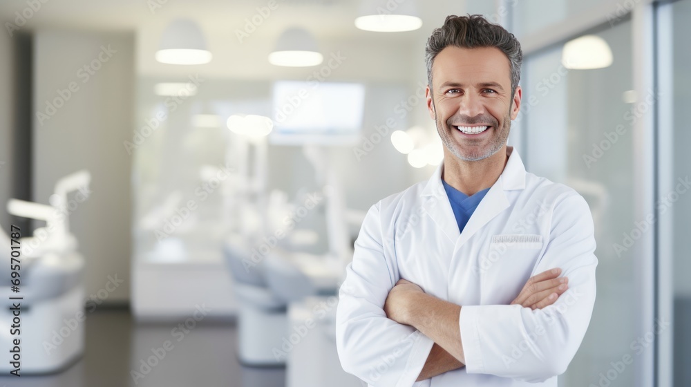 Smiling dentist standing with his arms folded in front of the dentist's office Smiling dentist standing with his arms folded in front of the dentist's office