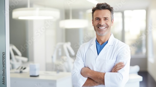  Smiling dentist standing with his arms folded in front of the dentist s office