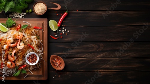 Top view of Pad Thai on a black wooden table, 