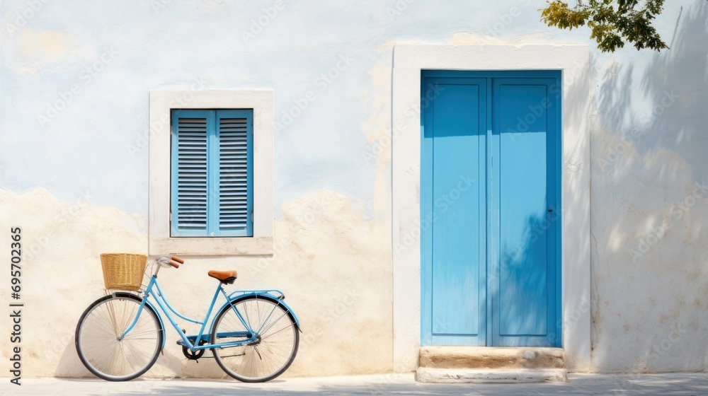 a bicycle leaning agains a white wall 