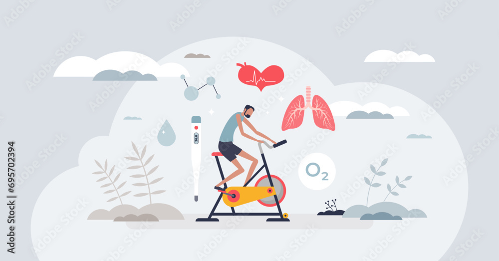 Exercise physiology as body responses to patient training tiny person concept. Health level diagnostics with respiratory system and cardiology functions vector illustration. Medical check in fitness. - obrazy, fototapety, plakaty 
