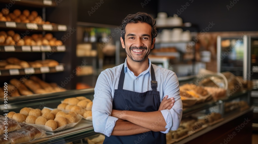 business owner smiling at the camera with bakery shop background,