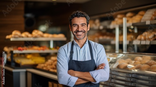 business owner smiling at the camera with bakery shop background, photo
