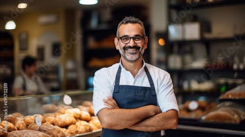 business owner smiling at the camera with bakery shop background,