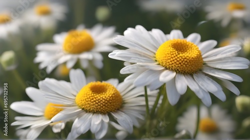 White daisies on a green meadow. Chamomile field.