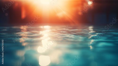 Sunset over water in a swimming pool. Blurred background photo