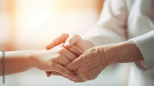  a female nurse hold her senior patient's hand.,