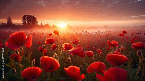 red poppy field in morning