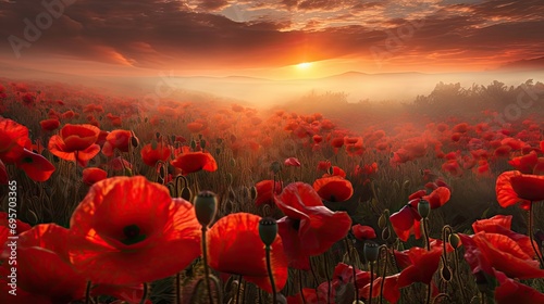 red poppy field in morning