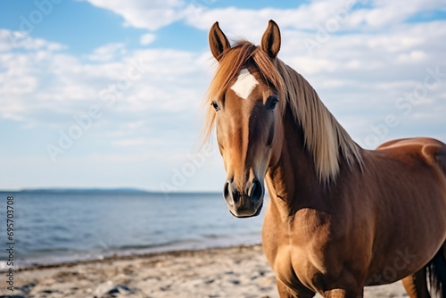 a horse standing on a beach next to the ocean © onThKim