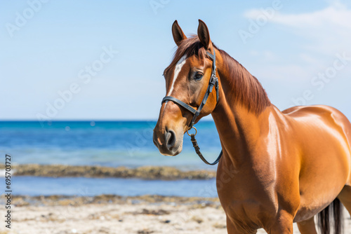 a horse standing on a beach next to the ocean