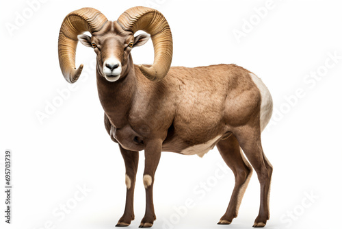 a ram with large horns standing on a white surface photo