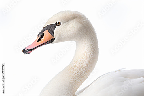 a white swan with a black beak and orange beak