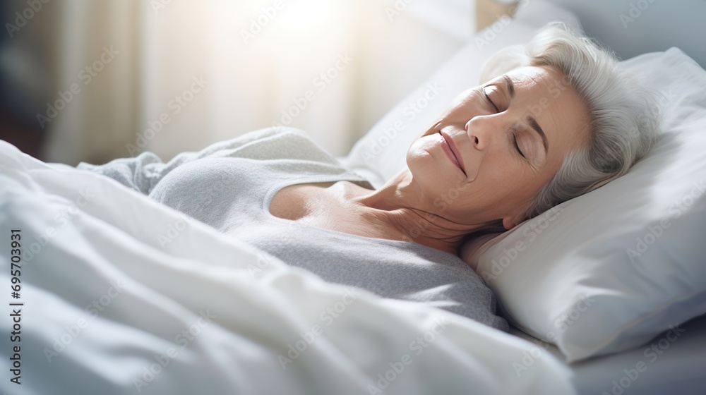 happy senior woman sleeping in bed at home bedroom, 