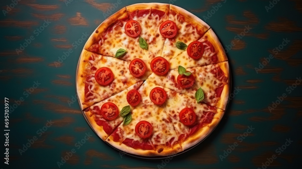 Italian pizza with tomatoes and cheese, cut into pieces, on a white background, 