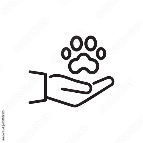 Animal Paw and Human Hand Linear Icon. Animal Donation, Care and Protection concept. Adoption of Pets, Shelter, Charity Line Icon. Animal welfare Pictogram. Editable Stroke. Vector illustration.