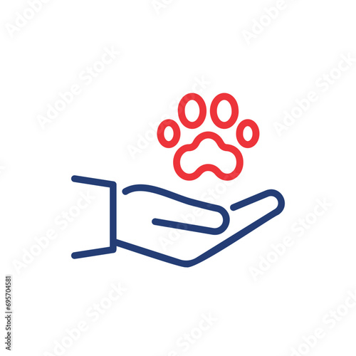 Animal Paw and Human Hand Linear Icon. Animal Donation, Care and Protection concept. Adoption of Pets, Shelter, Charity Line Icon. Animal welfare Pictogram. Editable Stroke. Vector illustration.