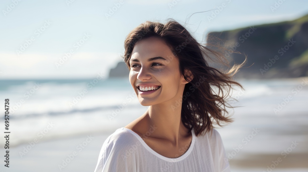 Portrait of young woman at sea looking at camera. Portrait of young woman at sea looking at camera.