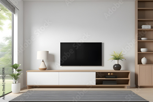 TV on cabinet in modern living room on white wall background, 3d rendering. Modern living room