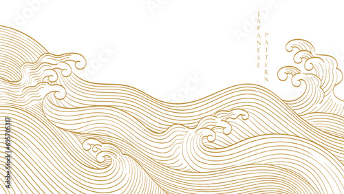 Abstract landscape with Japanese wave pattern vector. Nature art background with Chinese wave and cloud template in oriental style