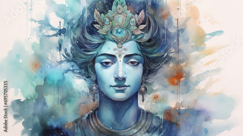 Portrait Watercolor of God Vishnu. AI Generative photo