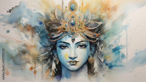 Portrait Watercolor of God Vishnu. AI Generative