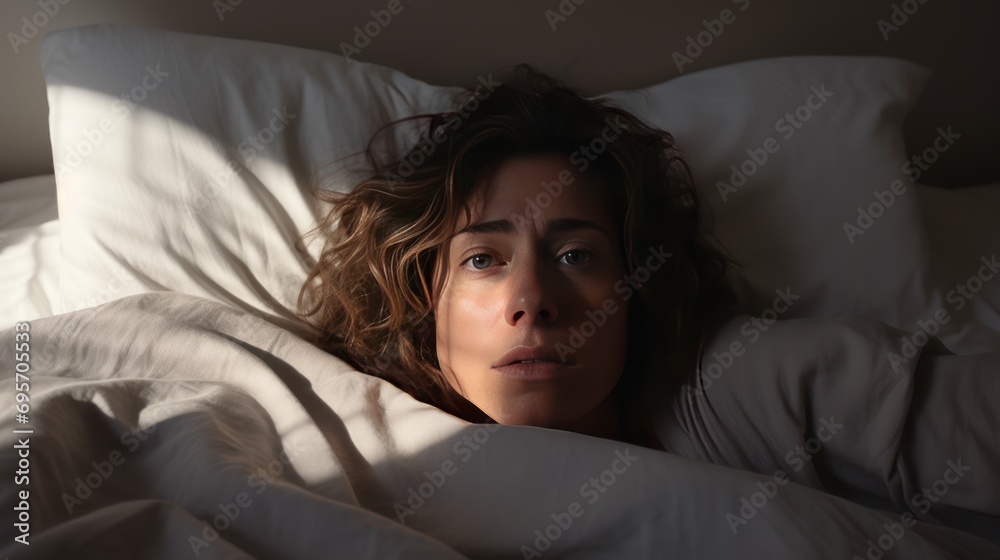 Stressed middle aged woman lying on bed at home Stressed middle aged woman lying on bed at home