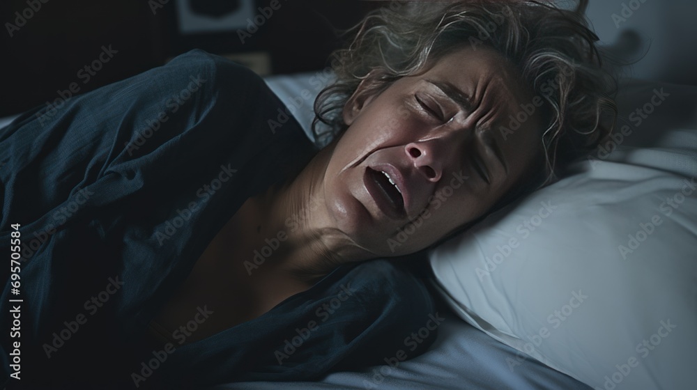 Stressed middle aged woman lying on bed Stressed middle aged woman lying on bed