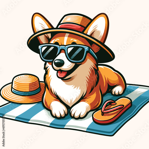 corgi wearing sunglasses and sunhat lounging on beach towel vector illustration