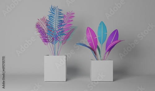 The leaves of two types of tropical plants in pots on a white background are mint, purple, and pink, giving them an interesting and mysterious look.
3d render illustration image.