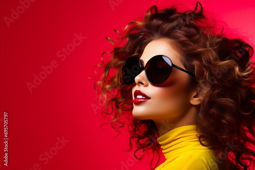 Multicolored Background. Stylish Young Woman Sporting Hi-Tech Glasses and Headphones