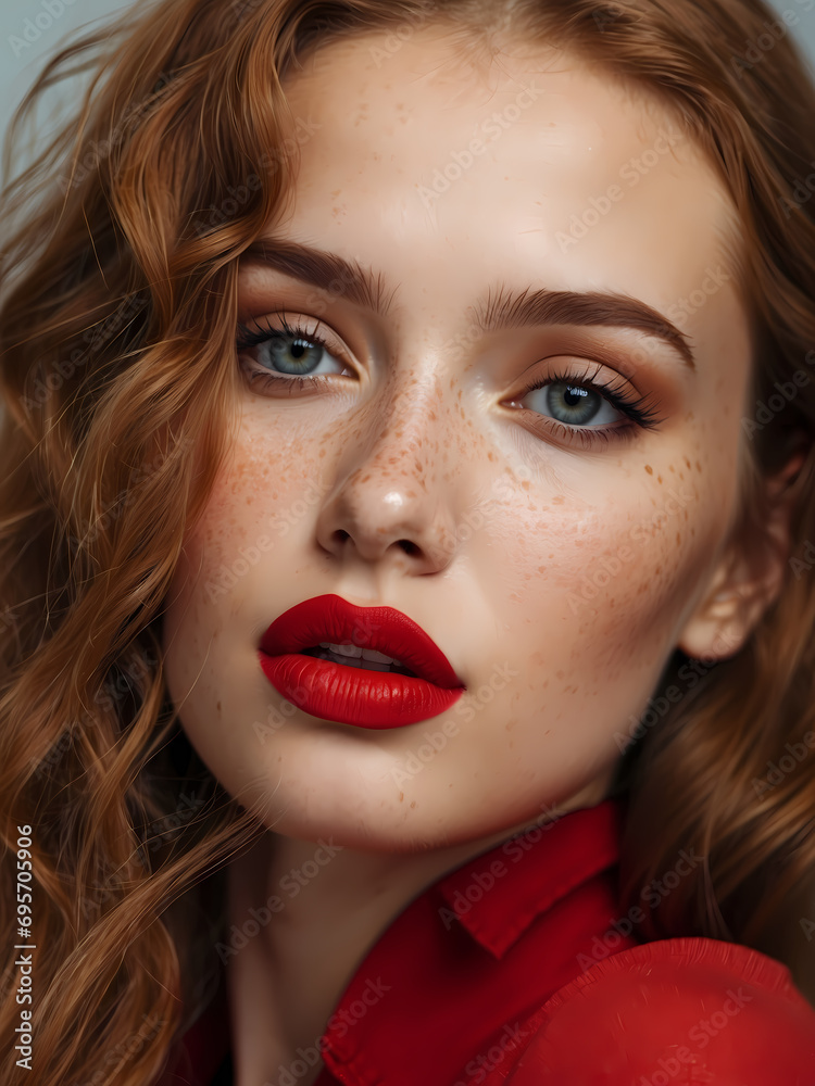 Beautiful sexy woman with long brown hair. Portrait of a fashion model with bright red lipstick on the lips Beautiful sexy woman with long brown hair. Portrait of a fashion model with bright red lipstick on the lips